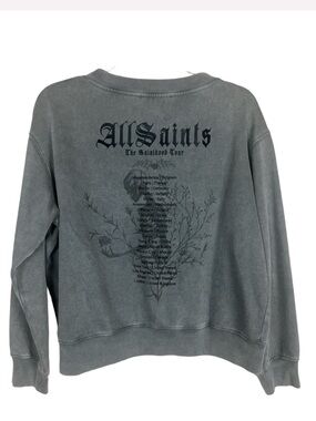 AllSaints Washed Charcoal Gray Graphic Back Crew Sweatshirt